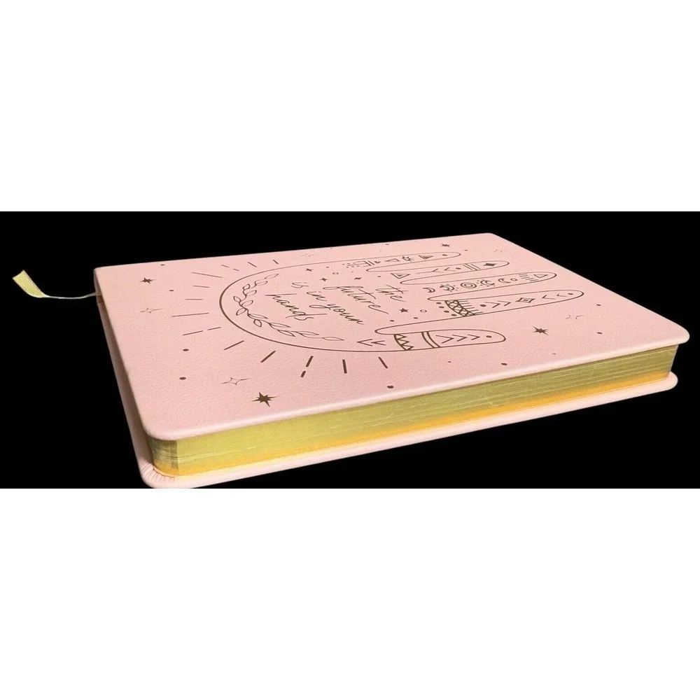 10 Metallic Color Pens & Pink 6x8 Faux Leather Journal Celestial Hand 128 Sheets
